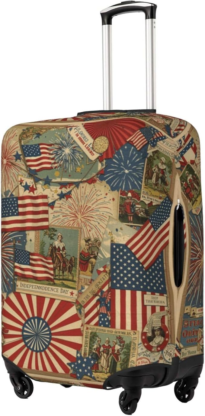 Patriotic 4th of July Luggage Cover, American Flag Fireworks Elastic Suitcase Protector for Independence Day Travel (Fits 22-24 Inch Luggage)
