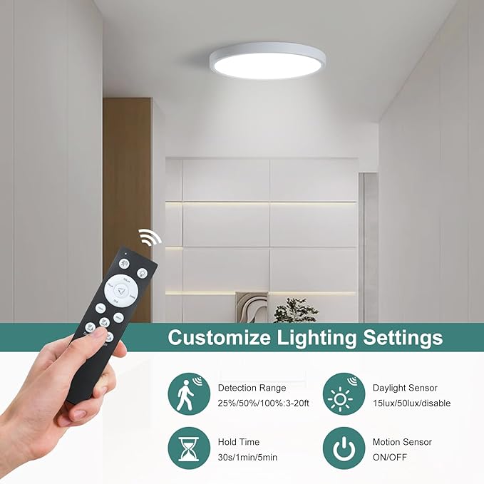 2 Pack ZSYUBO 12 Inch Motion Sensor Ceiling Light Wired,24w Flush Mount Light Fixture Round, Motion Sensor Light Indoor for Closet Hallway Porch Laundry Basement Garage Pantry, 3000k/4000k/6000k White