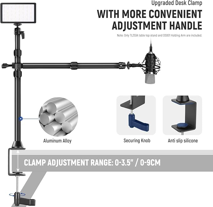 NEEWER Desk Stand with 2 Telescopic Boom Arms Phone Holder for Mic Camera Webcam Ring Light, Desktop Overhead Microphone Mount with C Clamp, Ball Heads, Screw Adapter, Cleaning Cloth, TL253A+DS001