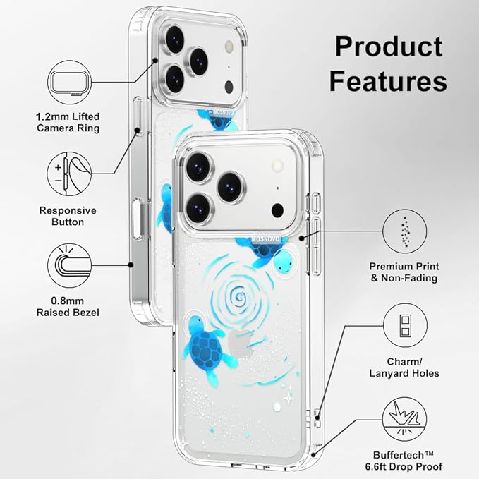 MOSNOVO for iPhone 17 Pro Case | Military Grade 6.6ft Drop Tested | Camera Control | Clear with Space Turtle Design