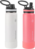 ThermoFlask Stainless Steel Water Bottles 2-Pack - Double-Wall Vacuum Insulated 24 oz BPA-Free Spout Lids - Keeps Drinks Cold 24 Hrs, Hot 12 Hrs - Leakproof, Dishwasher Safe, White/Coral