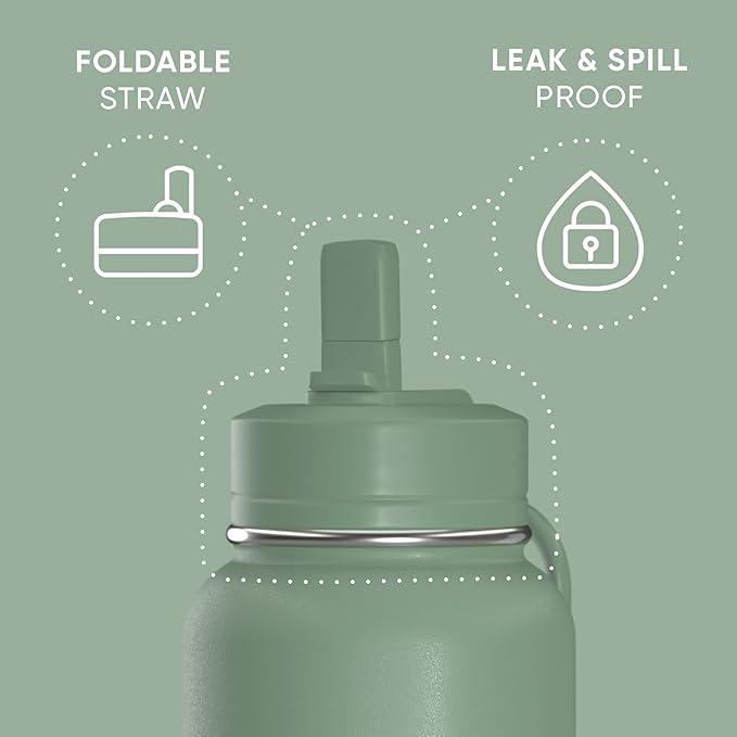 Hydrapeak 40oz Sport Insulated Water Bottle with Straw & Chug Lid, Leak & Spill Proof, Keeps Drinks Cold for 24 Hours, Hot for 12 Hours, Premium Stainless Steel Water Bottles (40oz, Sage Leaf)