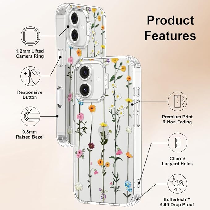 MOSNOVO Case for iPhone 16 Plus, [Buffertech 6.6ft Military-Grade Drop Protection] [Anti Peel Off Tech] Clear TPU Bumper Phone Case Cover Design - Wildflowers