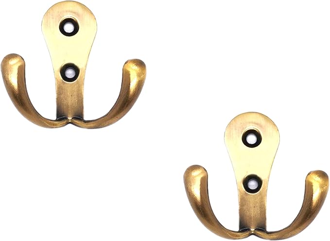FAPBADRI Multipurpose Hooks, Used to Hang Clothes, Bags, Coats, Curtain Hold Backs, Keys, Colour - Antique Gold, Material - White Metal, Screws and Wallplugs Included, Pack of 2 Pieces