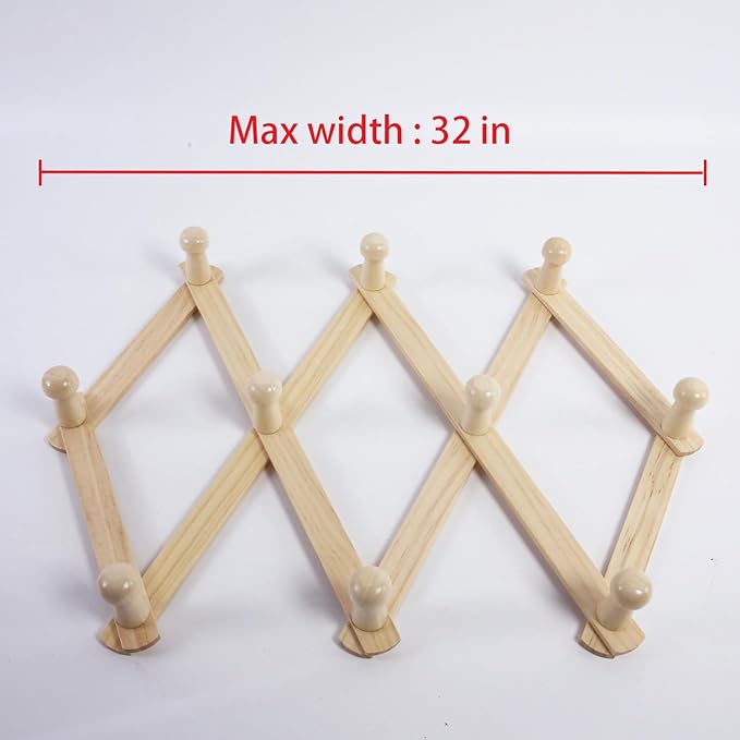 AMAPON Accordion Style Expandable Wall Wooden Coat Rack 10 Hooks (Pegs) Hang Hats Jackets Coffee Mug Purses Necklaces Towels Cap Leash Scarves Data Line Kitchenware