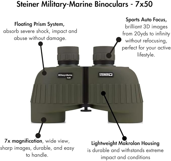Steiner Military-Marine 7x50mm Binoculars – Legendary Tactical Optics with Sports-Auto-Focus, Floating Prism Shock Absorption, Waterproof, and Heritage Warranty