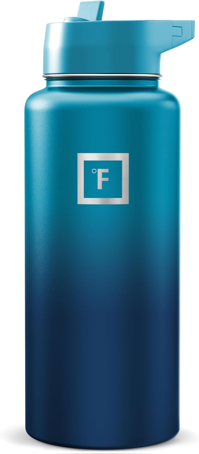 IRON °FLASK Camping & Hiking Hydration Flask with Straw, Wide Mouth Insulated Stainless Steel Sports Water Bottle - Dark Night 32 oz - Straw (1 Lid)