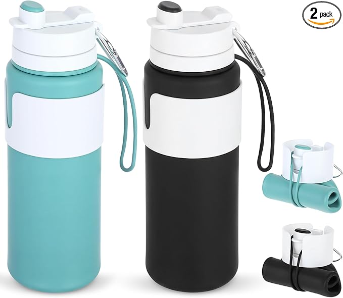 LemonRoad 2 Pcs 26 oz Silicone Collapsible Water Bottle, Portable Foldable Water Bottle Leakproof with Carabiner Reuseable Lightweight for Travel Sports Hiking Camping Cycling Office (Green,Black)