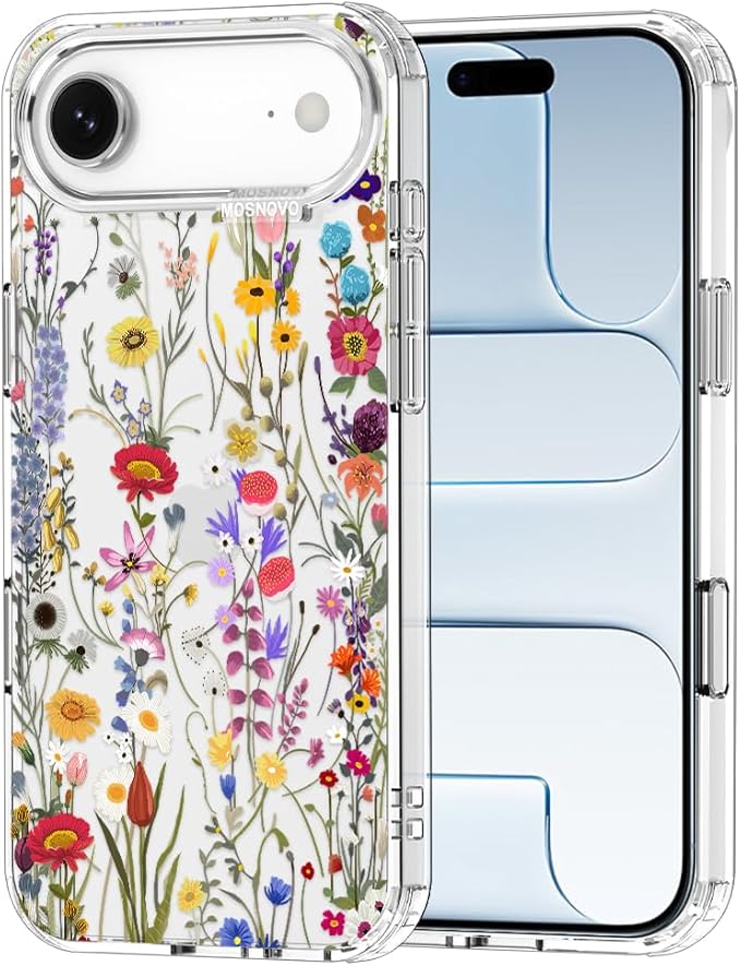 MOSNOVO for iPhone Air Case | Military Grade 6.6ft Drop Tested | Camera Control | Clear with Wildflower Meadow Design