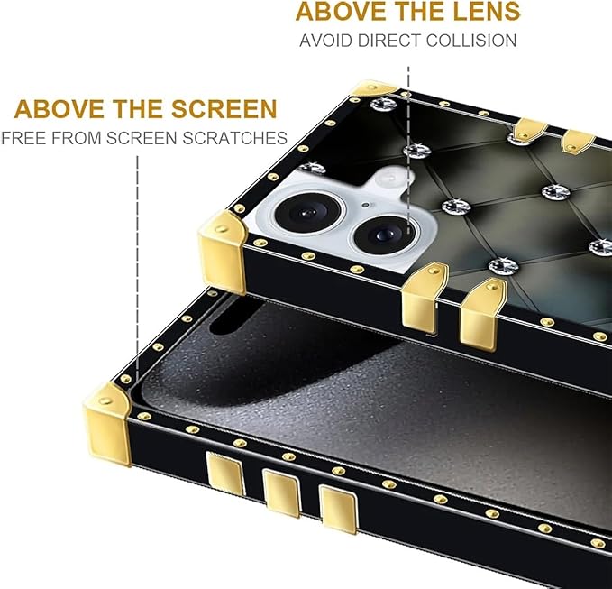 Compatible with iPhone 16 Plus Case, Shiny Black Sofa Crystal Luxury Golden Decoration for Girl Women Soft TPU Shockproof Protective Hard PC Back