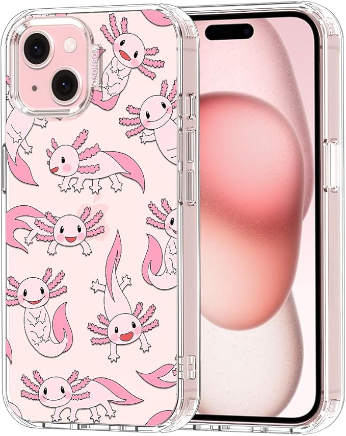 MOSNOVO Case for iPhone 15, [Buffertech 6.6ft Military-Grade Drop Protection] [Anti Peel Off Tech] Clear TPU Bumper Phone Case Cover Design - Pink Axolotl