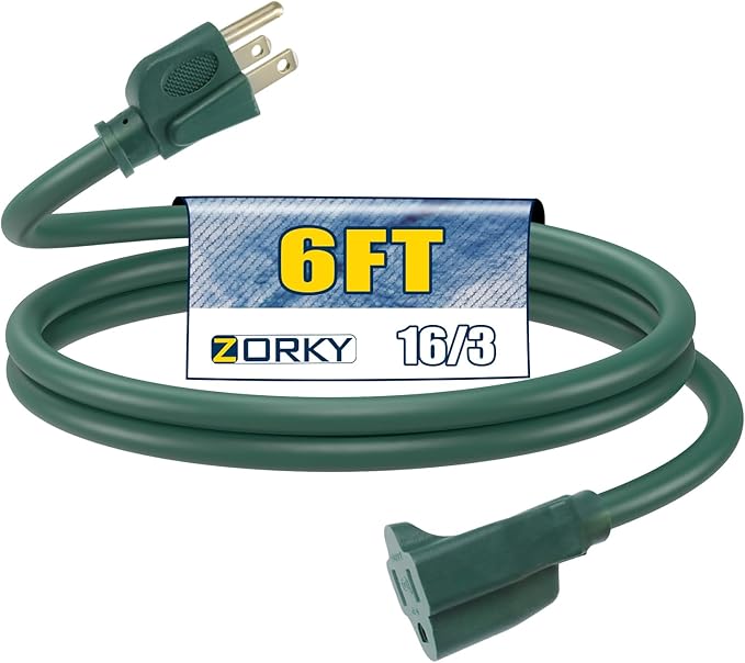 6ft Outdoor Extension Cord - 16/3 Heavy Duty SJTW Waterproof Green Electrical Cable with 3 Prong Grounded Plug for Safety, Great for Lawn and Major Appliances