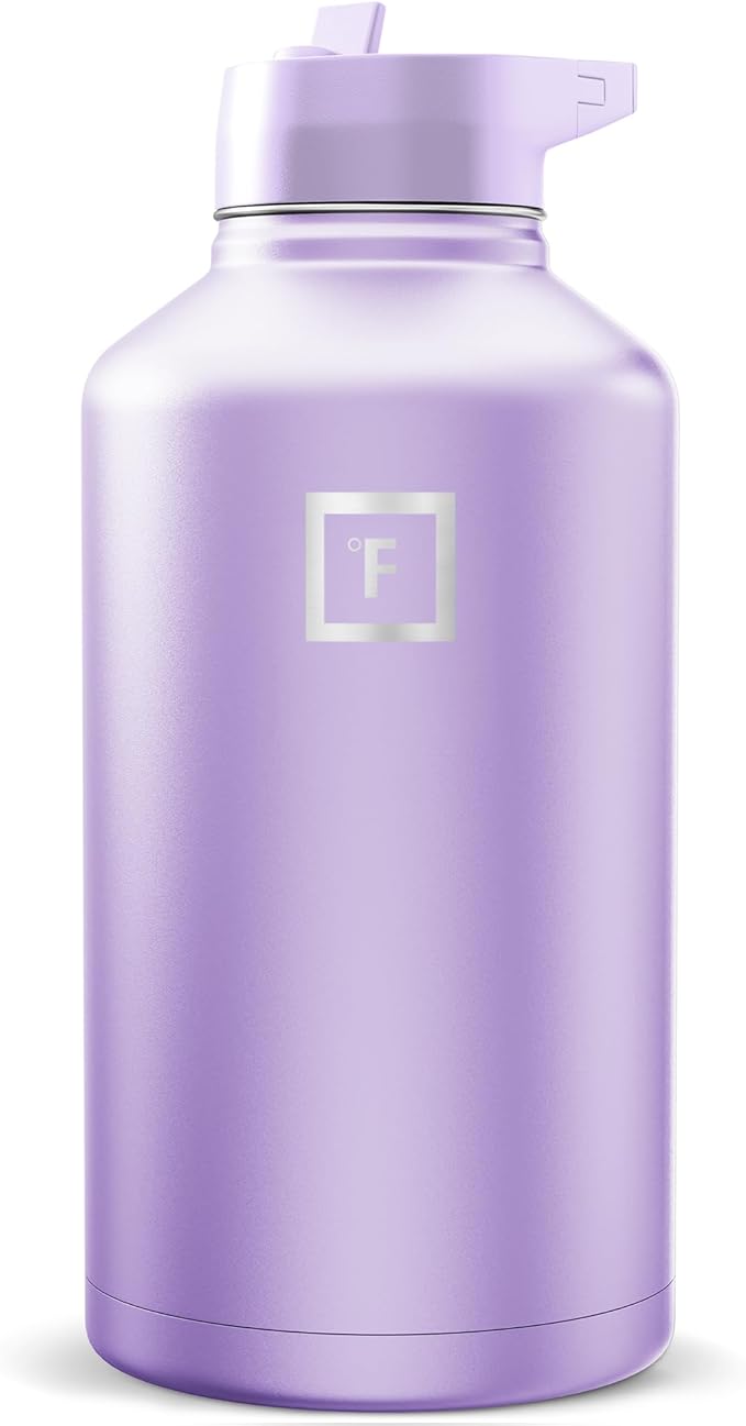 IRON °FLASK Camping & Hiking Hydration Flask with Straw, Wide Mouth Insulated Stainless Steel Sports Water Bottle - Lavender 64 oz - Straw (1 Lid)