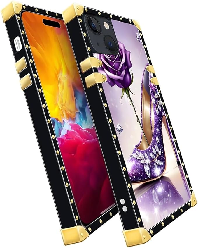 Compatible with iPhone 15 Case, High Heeled Purple Diamond Rose Luxury Golden Decoration for Girl Women Soft TPU Shockproof Protective Hard PC Back for iPhone 15