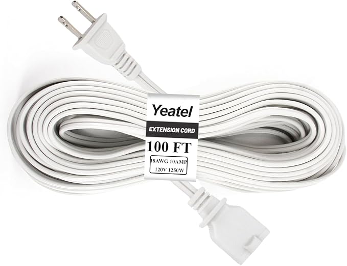 100 FT White Extension Cord,2 Prong Extension Cord 18AWG SPT-2 Flat Cord, Light Duty,Lightweight Design for Yard, Garden and Pool, ETL Listed,White