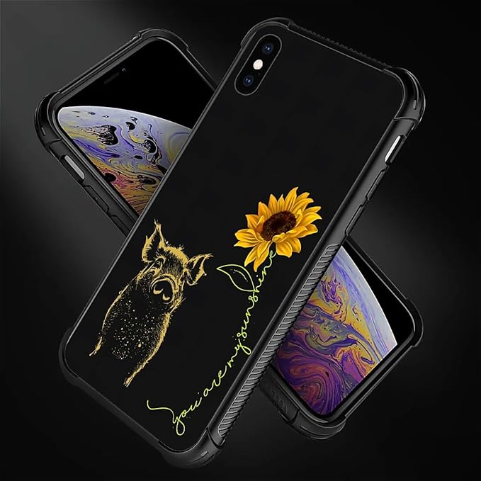 for iPhone Xs Max Case, Pig Sunflower Yellow Sunshine Pattern Graphic Design Girl Boy Soft Silicone Hard Acrylic Shock Protection for iPhone Xs Max