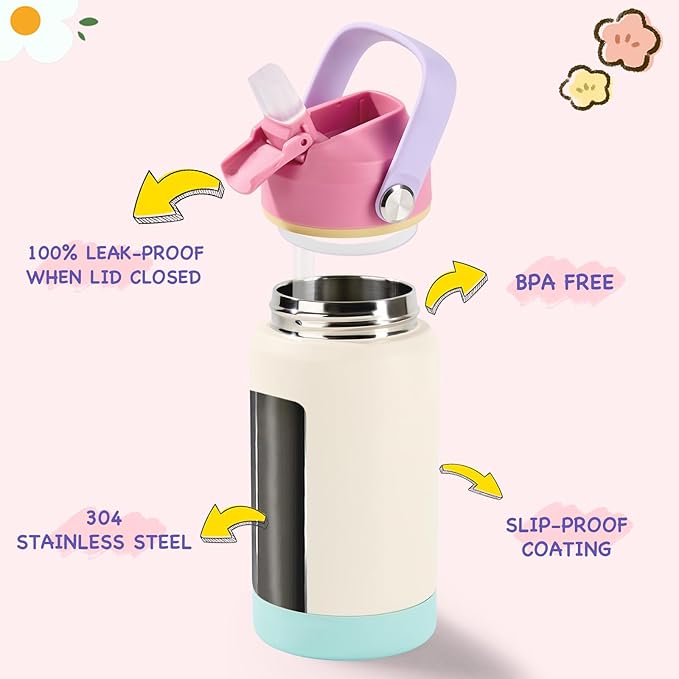 Kerilyn 12oz Kids Water Bottle 2 Pack, Stainless Steel Insulated Water Bottle Bulk, Toddler Cups with Straws Leak-Proof, Kids Water Bottles for School Boys Girls, BPA Free, 2 Piece Set Berry Couple