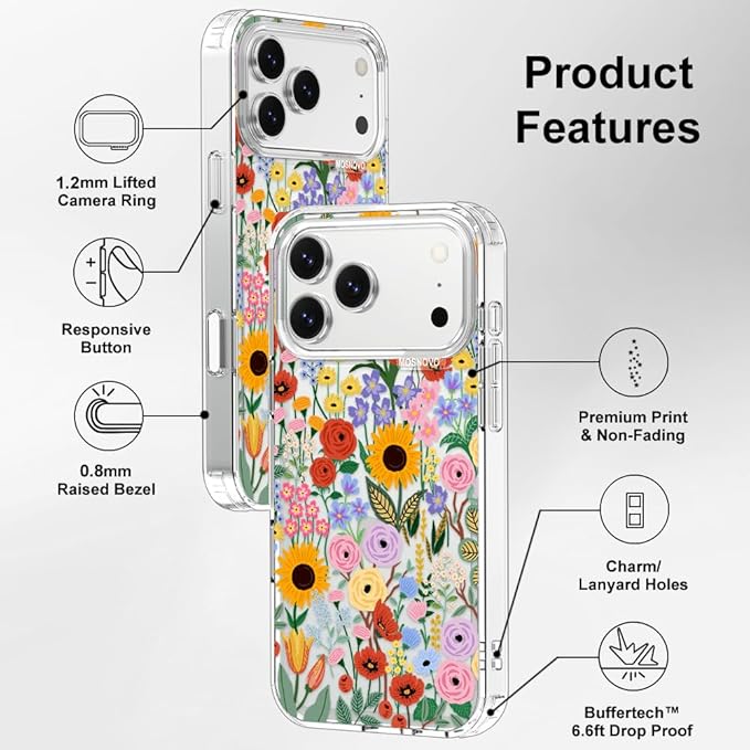MOSNOVO for iPhone 17 Pro Max Case | Military Grade 6.6ft Drop Tested | Camera Control | Clear with Blossom & Bloom Design