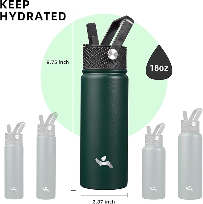 Konokyo 18 oz Insulated Water Bottle Stainless Steel Sport Bottles with 3 Lids,Army Green