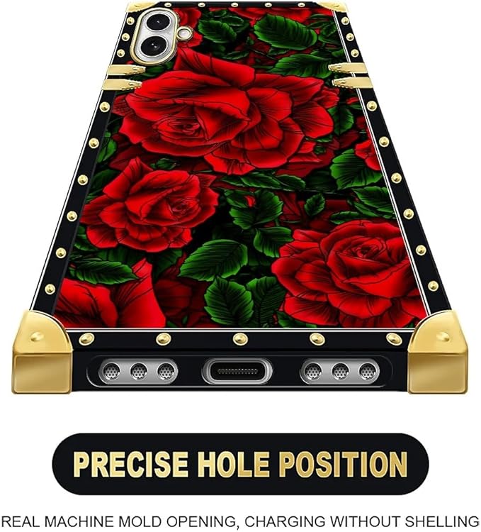for iPhone 17 Case Luxury Golden Decoration for Girl Women Soft TPU Shockproof Protective Hard PC Back for iPhone 17 Crazy Pattern Vector Red Rose Green Leaf