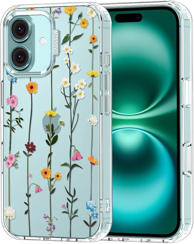MOSNOVO Case for iPhone 16, [Buffertech 6.6ft Military-Grade Drop Protection] [Anti Peel Off Tech] Clear TPU Bumper Phone Case Cover Design - Wildflowers