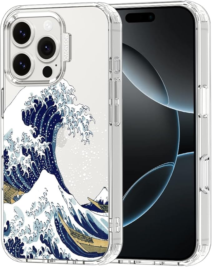 MOSNOVO Case for iPhone 16 Pro, [Buffertech 6.6ft Military-Grade Drop Protection] [Anti Peel Off Tech] Clear TPU Bumper Phone Case Cover Design - Great Wave