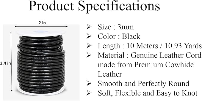 GENIQUE Real/Genuine Round Leather String Cord for Necklace, Bracelets, Jewellery, Braiding (3mm, Black)