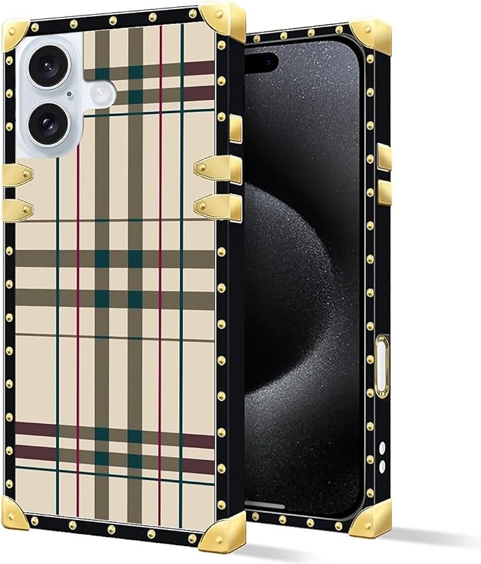 Compatible with iPhone 16 Case, Black Red Beige Stripes Luxury Golden Decoration for Girl Women Soft TPU Shockproof Protective Hard PC Back