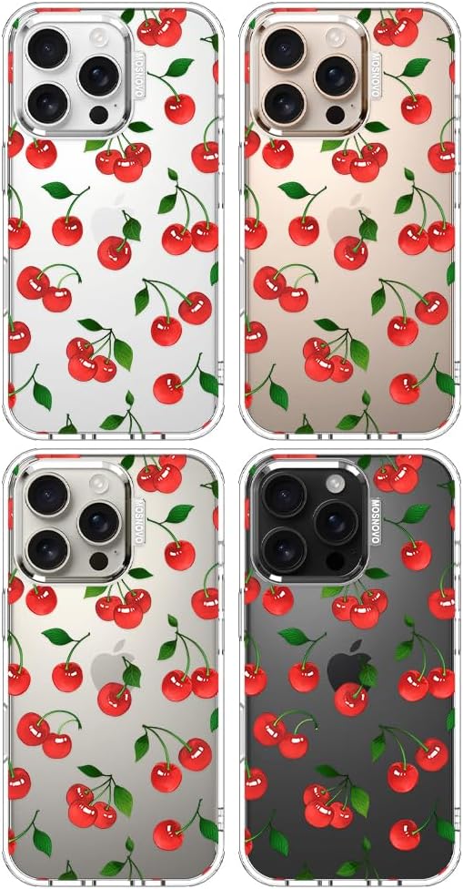 MOSNOVO Case for iPhone 16 Pro, [Buffertech 6.6ft Military-Grade Drop Protection] [Anti Peel Off Tech] Clear TPU Bumper Phone Case Cover Design - Cute Cherry