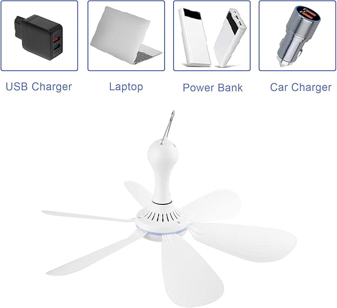 USB Powered Ceiling Fan Portable Canopy Fan with ON/OFF switch, 6 Blades Quiet Small DC USB Ceiling Fan Hanging Fan for Camping Cruise RV Tent Gazebo Bed Dormitory Home Room