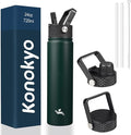 Konokyo Insulated Water Bottle 24oz Stainless Steel Sport Bottles with 3 Lids,Army Green