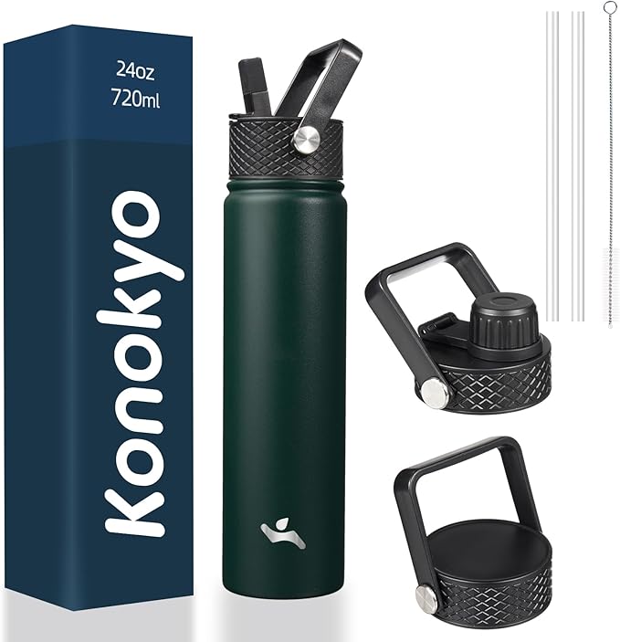 Konokyo Insulated Water Bottle 24oz Stainless Steel Sport Bottles with 3 Lids,Army Green