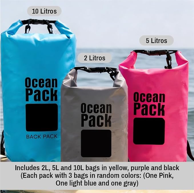 Waterproof Dry Bag Backpack Set of 3 (2L 5L 10L) – PVC Roll Top Waterproof Bags for Kayaking, Camping & Travel – Floating Compression Dry Pack for Outdoor Gear (Pink, light blue, gray)