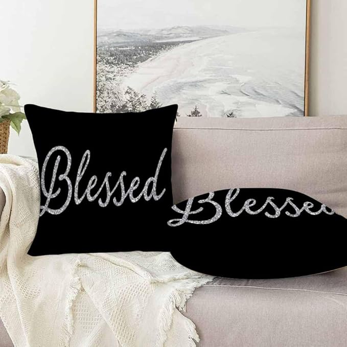 Bling Blessed White Throw Pillow Covers 18x18 Highlights Blessed Black Set of 2 Pillow Cases Square Velvet Outdoor Pillowcases Decorative for Home Bed Sofa Couch Hotel