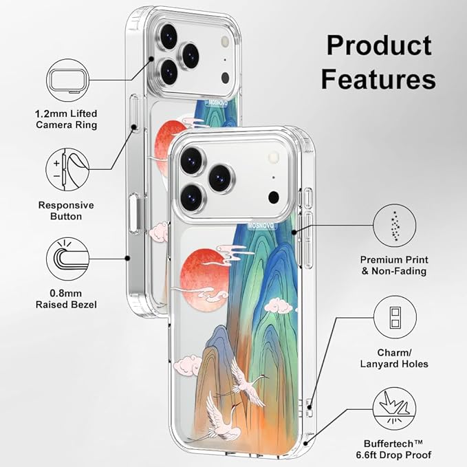 MOSNOVO for iPhone 17 Pro Max Case, Shockproof Military-Grade Protection 6.6ft Drop Tested, Camera Control, Clear Phone Case for iPhone 17 Pro Max, Celestial Cranes Design