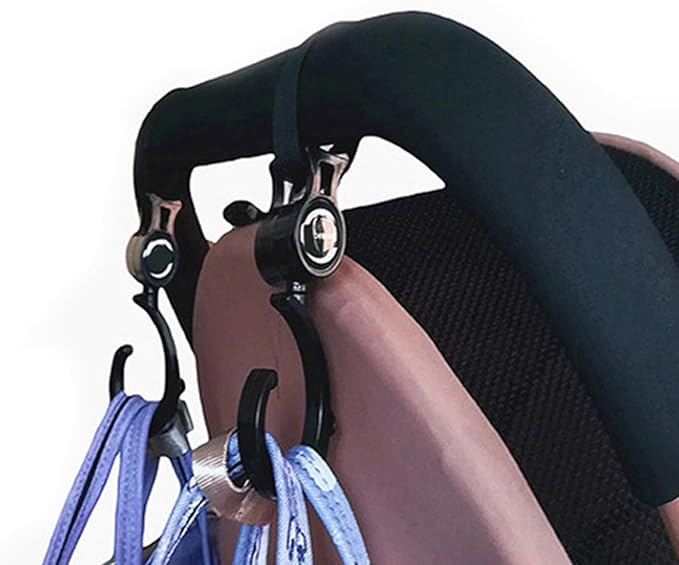 2 Pcs Walker Hook Hanging Multipurpose 360° Rotation Stroller Clip Diaper Bag Hanger for Walker Rollator Crutches Wheelchair Shopping Cart Car Back Seat Purses Bike Wheelchair Pushchair (Open)