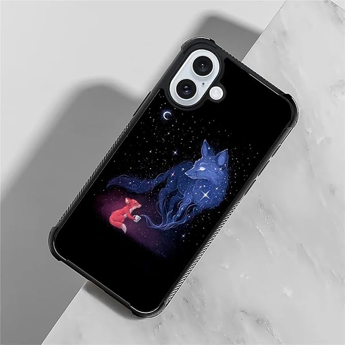 for iPhone 16 Plus Case, Galaxy Fox Wolf Pattern Graphic Design Girl Boy Soft Silicone Hard Acrylic Shock Protection for iPhone 16 Plus