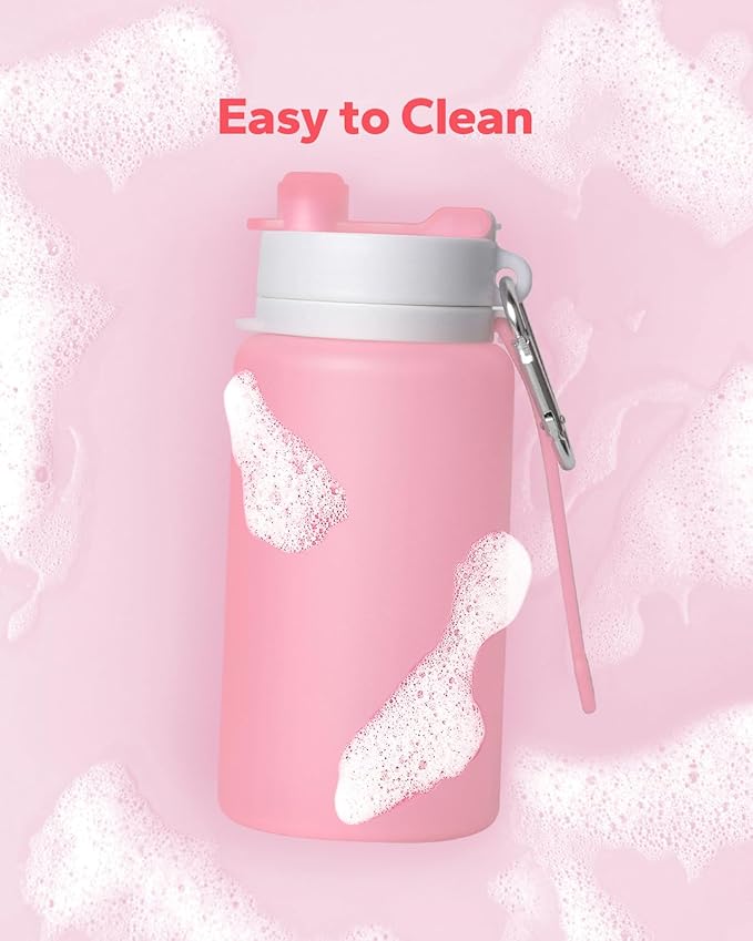 Collapsible Water Bottle, Portable Folding Bottle & Water Bottle with Clip for Backpack, Foldable Water Bottle BPA Free, Sport Bottle Water Squeeze Collapble Watterbottles (Pink)