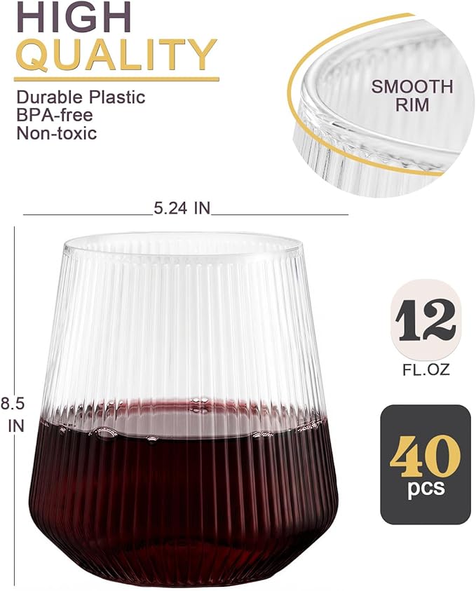 Maaacute 40 Pack Ribbed Plastic Wine Glasses, Ripple Disposable Stemless Wine cocktail Whiskey Champagne Glasses, 12 Oz Clear Unbreakable Cups for Party,Indoor,Outdoor,Wedding,Bars,Tasting