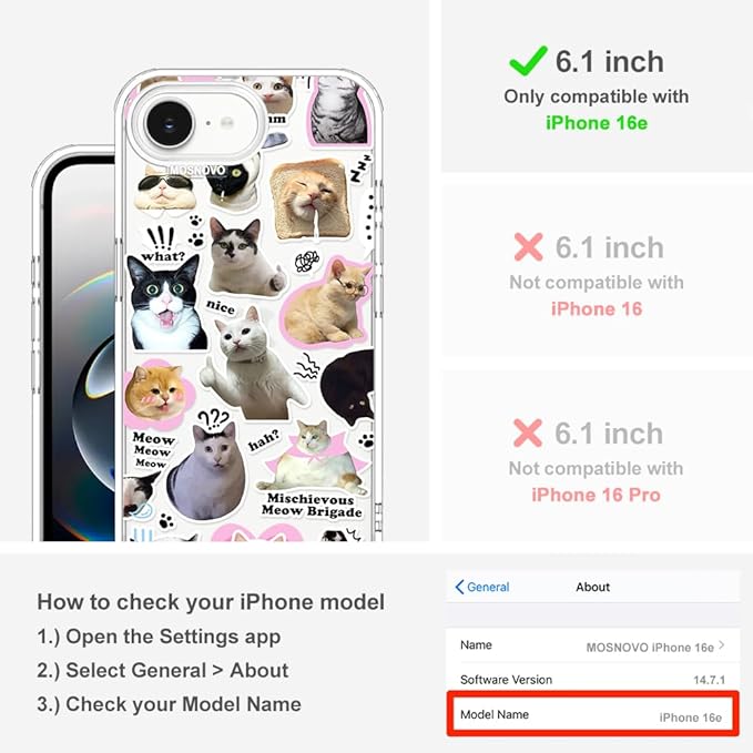 MOSNOVO for iPhone 17e Case/iPhone 16e Case, Shockproof Military-Grade Protection 6.6ft Drop Tested, Clear Phone Case for iPhone 16e / iPhone 17e, The Cat Brigade Design
