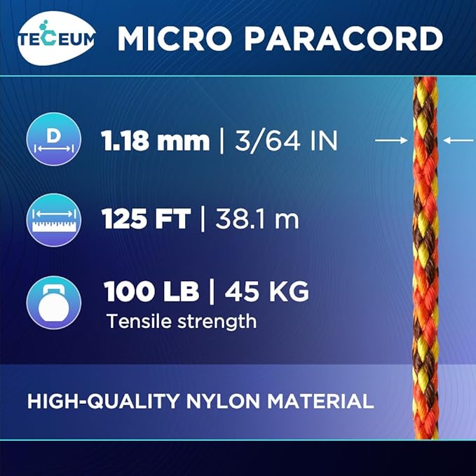 TECEUM Micro Paracord – 1.18 mm X 125 ft – Micro Utility Cord – Thin Braided Paracord Rope – Best for Crafting, DIY Projects, Fishing, Camping – Wind Chime Replacement – Survival Strong String