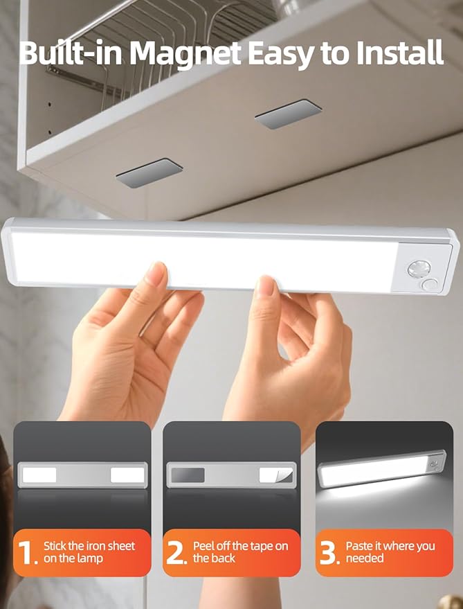 Under Cabinet Motion Sensor Lighting: Dimmable Rechargeable Lights Indoor - Battery Operated Lights - Undercabinet Wireless Closet Light Magnetic Led Light for Kitchen Home Bathroom Counter 3 Pack