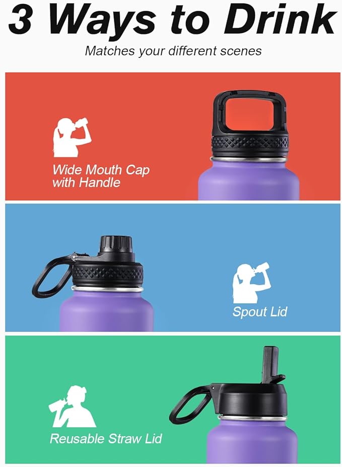 Coolflask Water Bottle 40 oz Insulated with Straw, Stainless Steel Metal 3 Lids Water Flask for Sports or Office, Keep Cold 48H Hot 24H, Purple Black