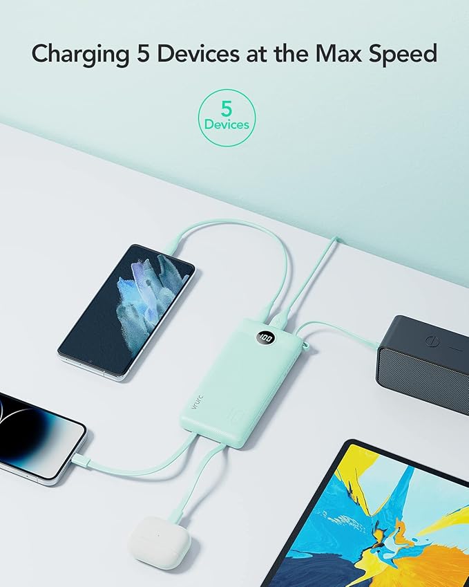 VRURC Portable Charger for iPhone, Compact Travel Power Bank 10000mAh, USB C Battery Pack 4 Outputs 3 Inputs, Slim Phone Charger with Cables for iPhone 17 16 15 14 13,Samsung Galaxy-Green(1 Pack)