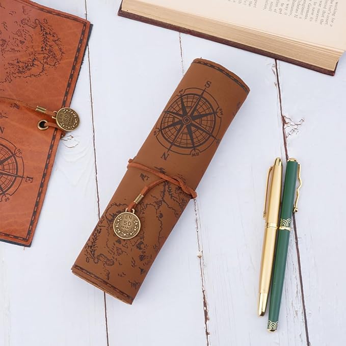 GORGECRAFT PU Leather Pencil Bag Strap Vintage Treasure Map Compass Cover Rollup Storage Organizer Retro Pen Bag Wrap Roll Case Holder Portable Stationery Pouch for Artist Drawing Makeup Camel