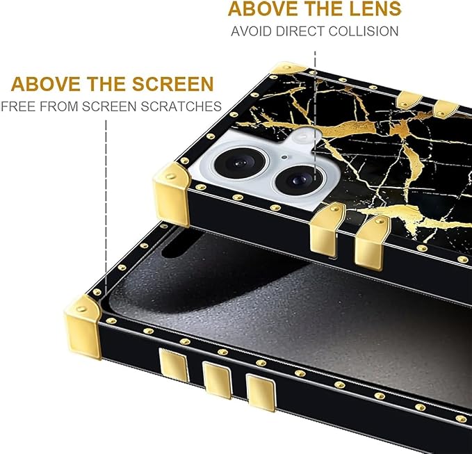 Compatible with iPhone 16 Case, Black Gold Marble Nature Luxury Golden Decoration for Girl Women Soft TPU Shockproof Protective Hard PC Back