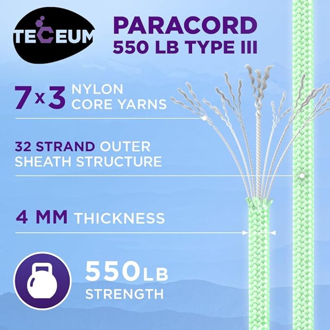 TECEUM Reflective Paracord Rope 1000 – 1000ft/200ft/100ft/50ft – 40+ Colors – Glow in The Dark – para Cord – Utility Rope for Survival, Hunting & Camping Gear – Nylon String, Camping Rope, Tent Cord