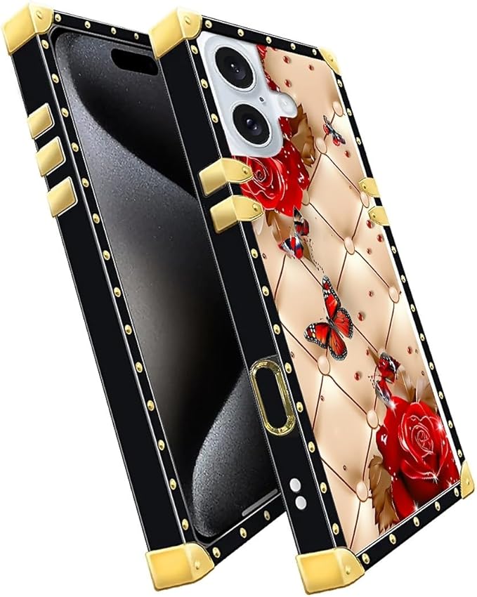 Compatible with iPhone 16 Case, Shining Red Rose Butterfly Leather Background Luxury Golden Decoration for Girl Women Soft TPU Shockproof Protective Hard PC Back