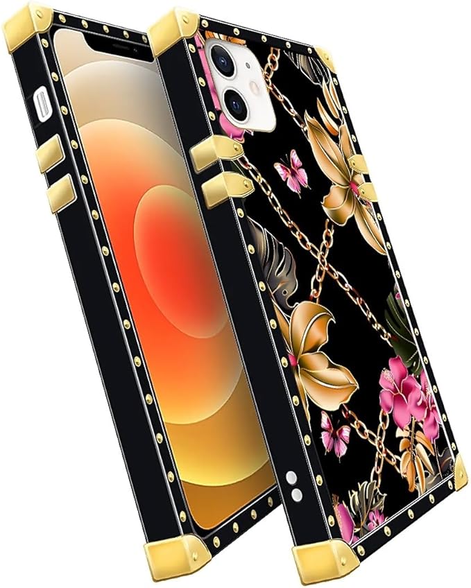 Compatible with iPhone 11 Case, Pink Golden Chain Tropical Flower Luxury Golden Decoration for Girl Women Soft TPU Shockproof Protective Hard PC Back for iPhone 11