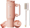 NAYAD 40oz Gift For Mom Tumbler with Handle and Straw Insulated Stainless Steel Travel Mug, Flip Lid & Straw Lid, Folding Handle, Cupholder Compatible, Leakproof Water Bottle for Travel (Pink)